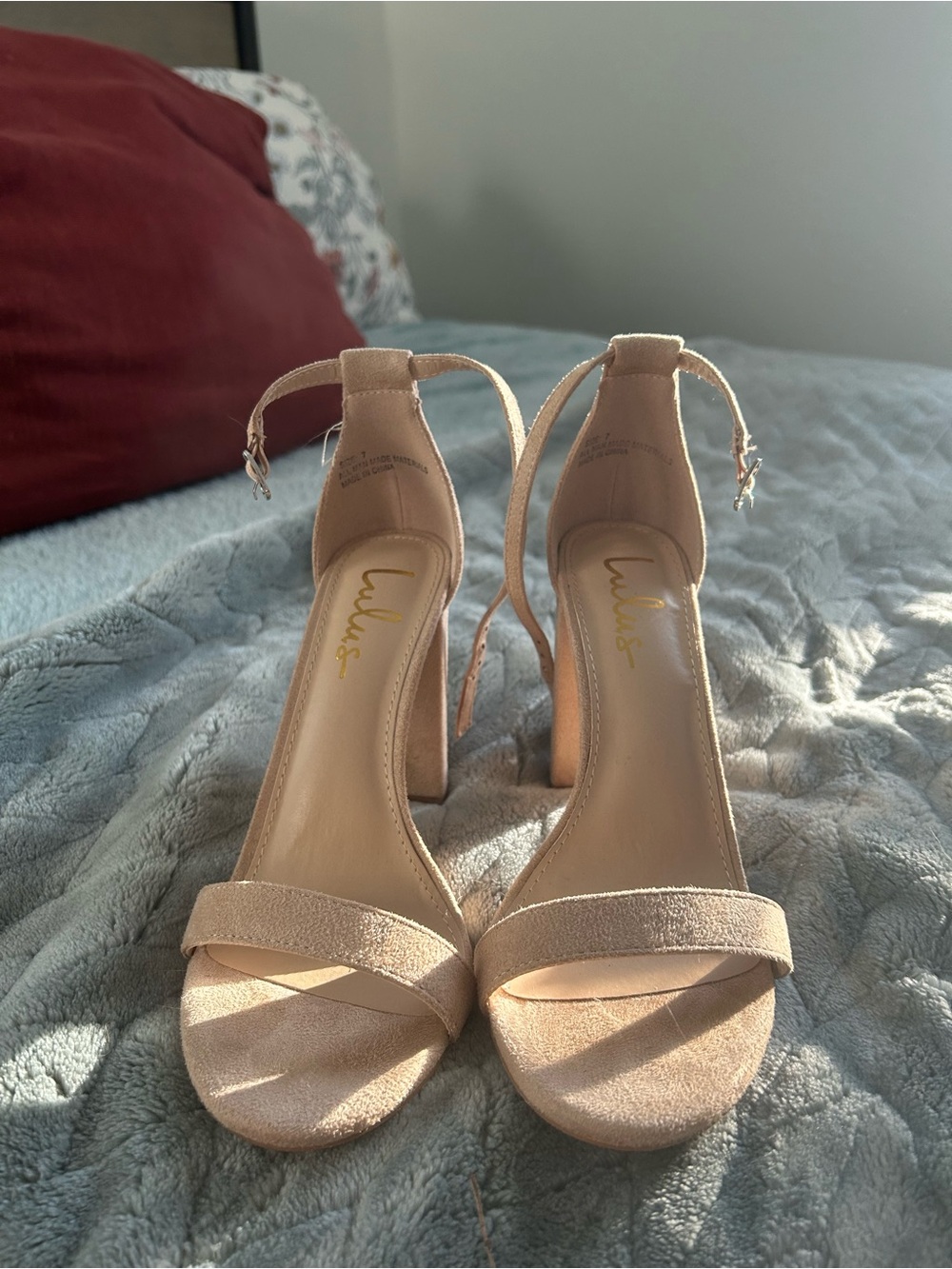 Lulu's Nude Suede-Look Ankle Strap Block Heels
